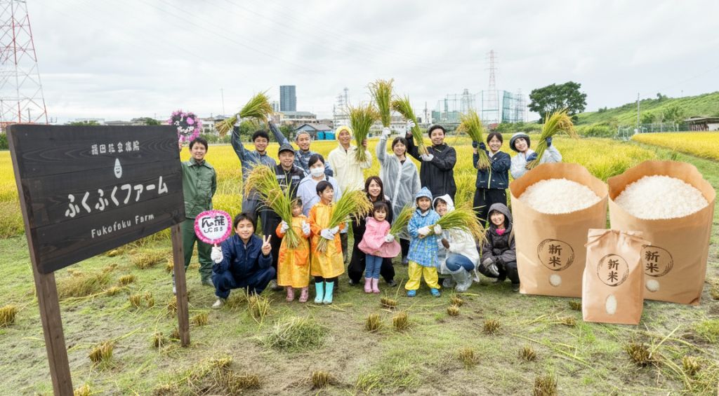 ふくふくファーム稲刈りイベント集合写真